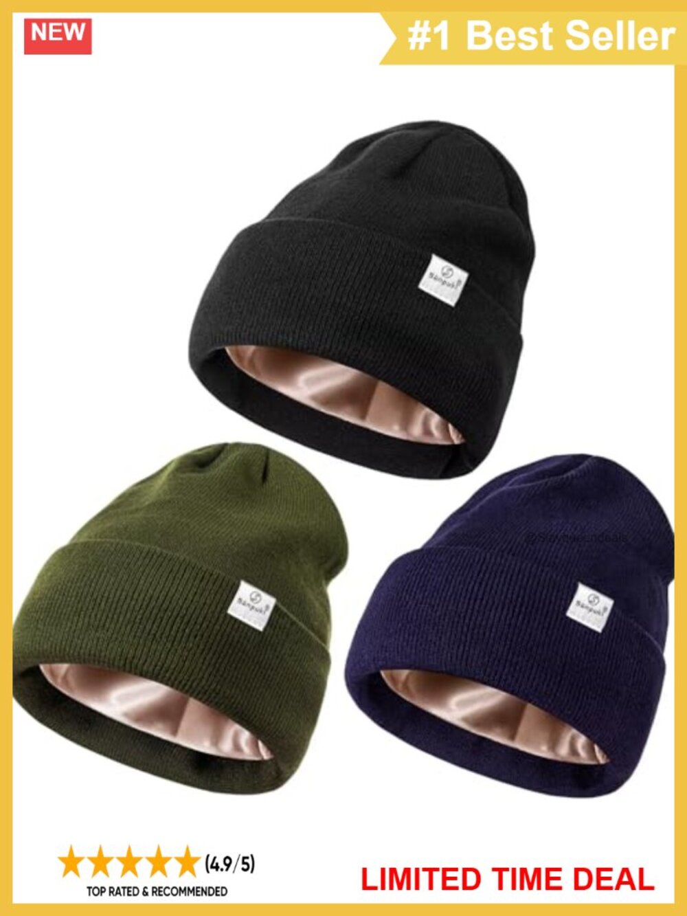Satin Lined Silk Beanie Knit Winter Hat 3 Pack Cuffed Warm Caps